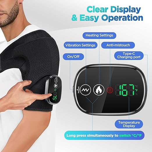 Cordless Portable Shoulder Heating Pad &amp Massager Heating Vibration Shoulder Wrap Shoulder Brace for Pain Relief Rotator Cuff Support for Men &amp Women Black