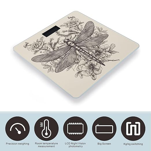 Hand Drawn Floral Dragonfly Scale for Body Weight Highly Accurate Digital Bathroom Scale Sturdy Tempered Glass Weighing Scales with LCD Display Fashion Body Fat Smart Scales 400lb