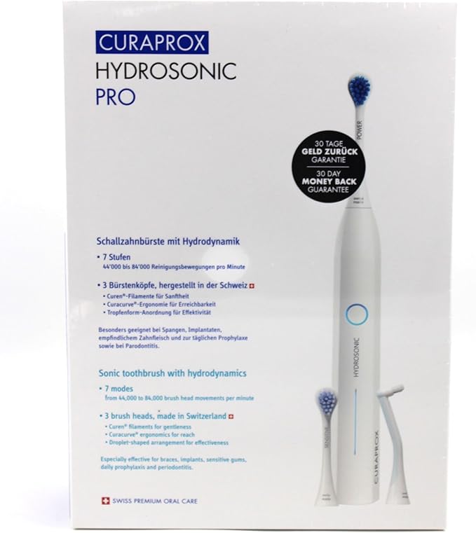 Curaprox Hydrosonic Pro Sonic Toothbrush – for Sensitive Teeth Implants and Braces | Professional Cleaning at Home | Set with Three Brush Heads