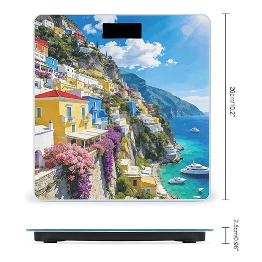 Colorful Houses and Blue Sea Smart Scale for Body Weight Digital Bathroom Scale Toughened Glass Weight Scale with Large LCD Backlight Display High Precision Scales Weighing Machine