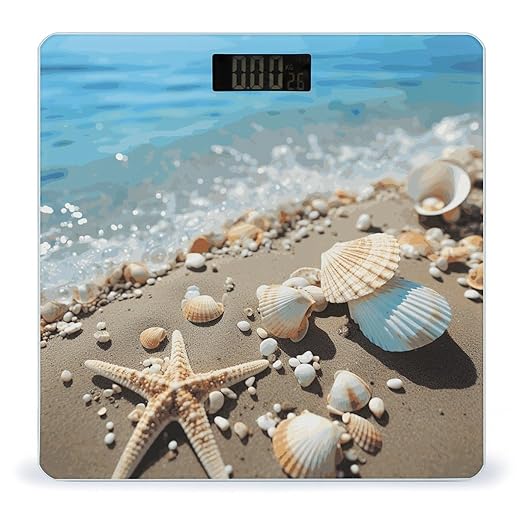Ocean Sea Beach Seashells Starfish Blue Scale for Body Weight Anti-Slip Digital Bathroom Scale Sturdy Toughened Glass Weighing Scales High Precision Safe Rounded Corners Smart Scales