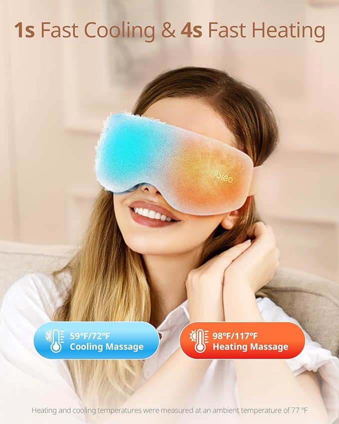 Eye Massager with 2 Level Heat &amp Cool 150 Mins Uses 3 Modes &amp 14 Vibration Heads Heated Eye Mask with Bluetooth Music for Migraine Eye Strain Puffiness and Dry Eye Relief Eyes Care for Wo