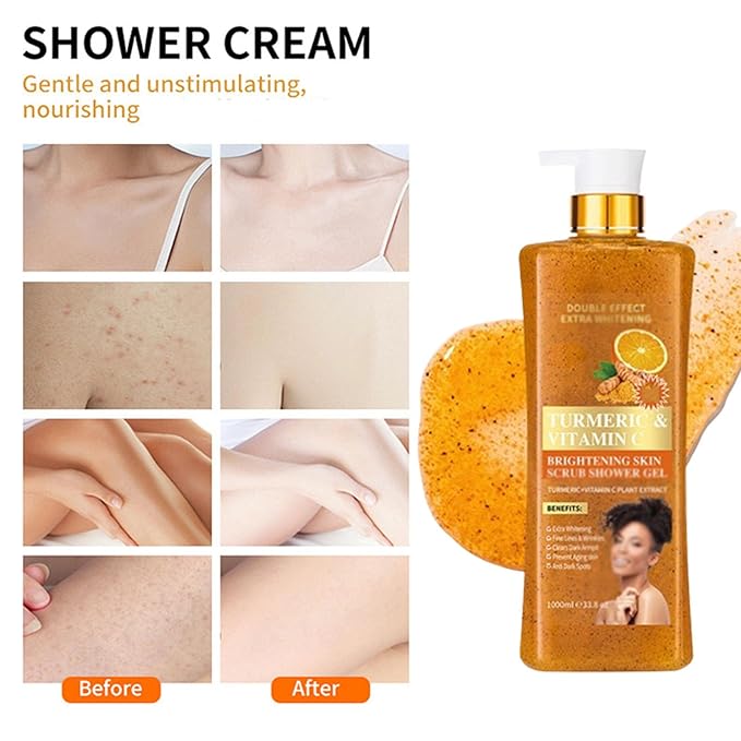 Lemon Turmeric Scrub Shower Gel 1000ml Turmeric And Vitamin C Body Wash Perfume Long-Lasting Moisturizing Turmericshower Gel Nourishing And Moisturizing For Women