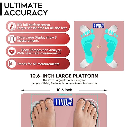 Digital Simple Bathroom Scale Home Practical Body Fat Scale with Led Display Body Composition Analyzer with Smartphone Application (Pink)