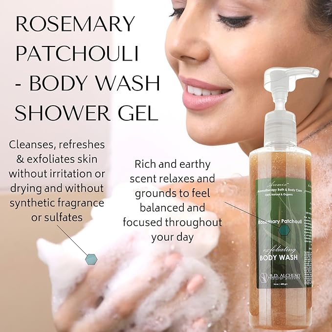 RD Alchemy - 98% Natural &amp Organic Rosemary Patchouli Body Wash Shower Gel - Rich and Earthy to Relax and Ground while Cleansing Exfoliating and Renewing