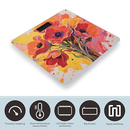 Colorful Flowers Weight Scale Large Digital Bathroom Scales with Bright LED Display Non Slip Digital Scale and Step On Fashion Weighing Machine for Body