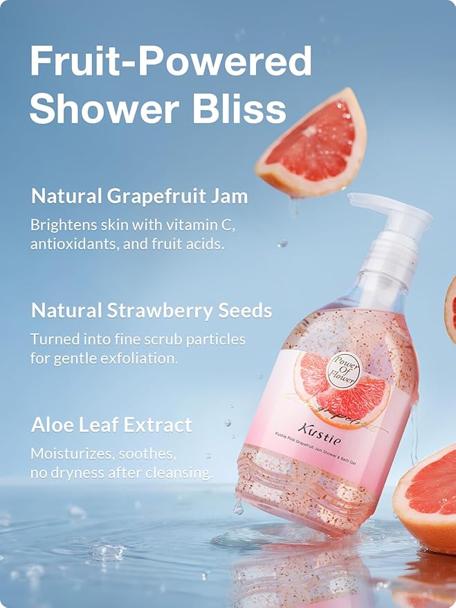 Kustie Grapefruit Body Wash – Jam Texture Exfoliating Shower Gel with Strawberry Seeds Grapefruit Extract &amp Squalane Refreshing &amp Moisturizing Cleanser for Dry &amp Sensitive Skin 19.6 fl