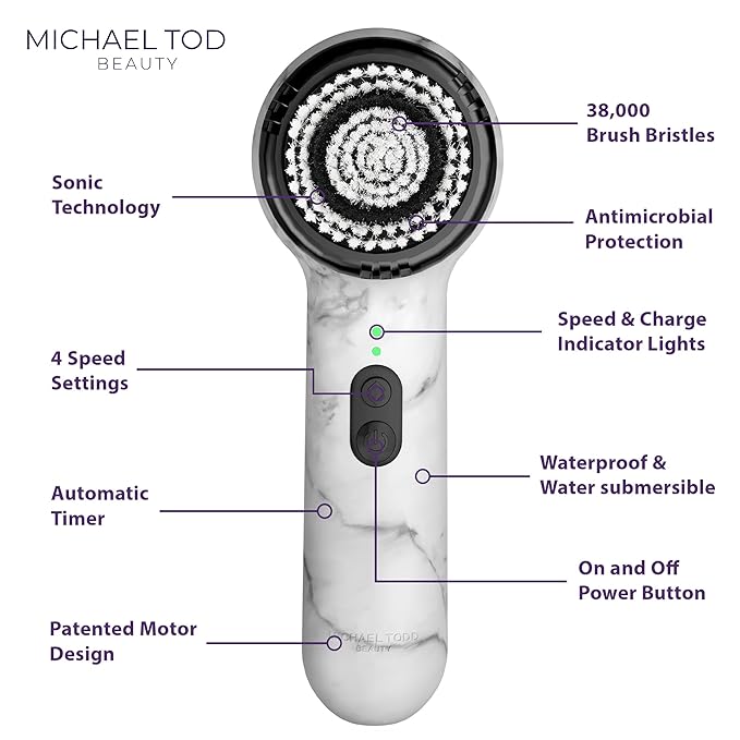 Michael Todd Beauty Soniclear Allure 2024 Best of Beauty Winner Facial Cleansing + Exfoliation Brush System with Antimicrobial Protected Bristles 4 speeds Serum Infusion Head + Travel Case