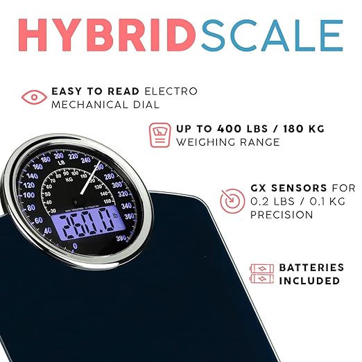 Adamson Hybrid 2-in-1 Analog &amp Digital Weighing Scale for Body Weight up to 400lbs - Thick Tempered Glass - Extra Large Display - Easy to Read Digital Bathroom Scale - New