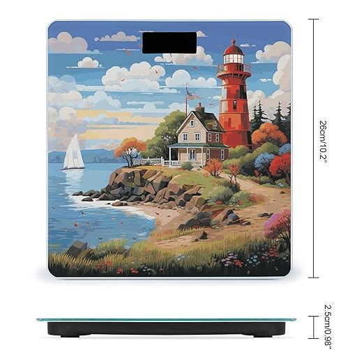 Coastal Lighthouse Bathroom Scale Automatic Power On/Off Body Scales LCD Backlight Display Square Digital Scale Rounded Corners Bathroom Scales for Home Bedrooms