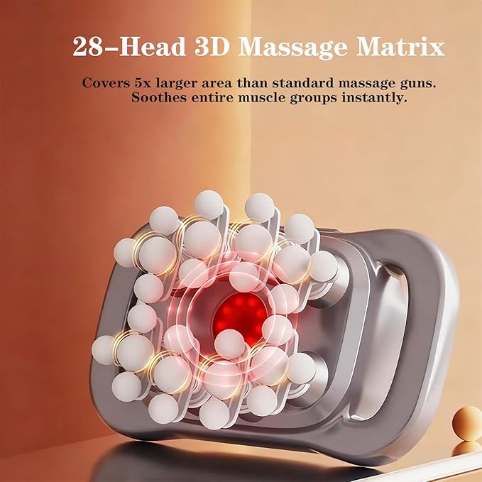 28-Head Deep Tissue Massager with Red Light Therapy Dual-Handle Percussion Massage Gun for Full Body Pain Relief 13800 RPM High Power 9 Speeds Type-C Rechargeable for Back Legs Foot