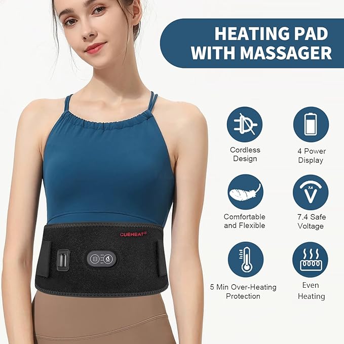 CUEHEAT Heated Waist Belt Cordless Heating Pad for Low Back Electrical Heating and Massage Rechargeable Battery Powered (Black 53 inches)