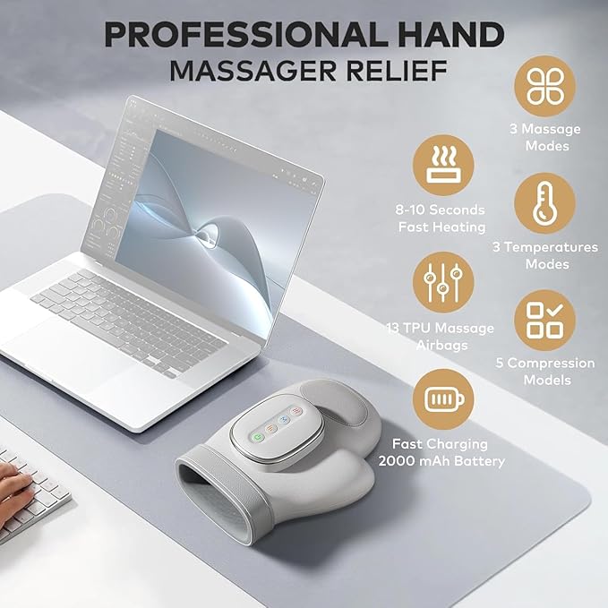 Smart Hand Massager with Heat Compression Relief for Arthritis &amp Carpal Tunnel Relief Cordless Portable Therapy Glove Electric Shiatsu Wrist/Finger/Palm Massager