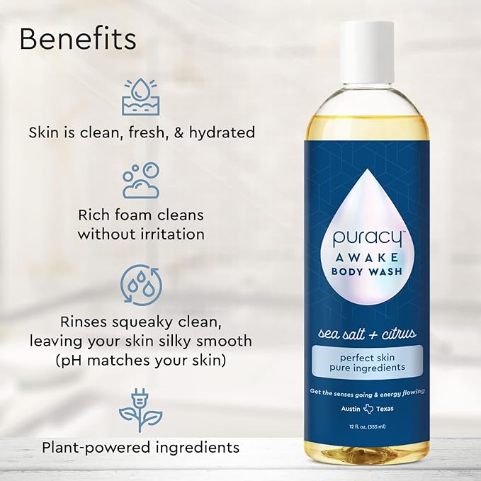 Puracy Body Wash - Natural Body Wash for Women Men Kids - Pure Plant Ingredients Moisturizing Shower Gel Body Soap for Dry Sensitive Skin Gently Scented (Citrus Sea Salt 12 oz/355 ml 2 pack