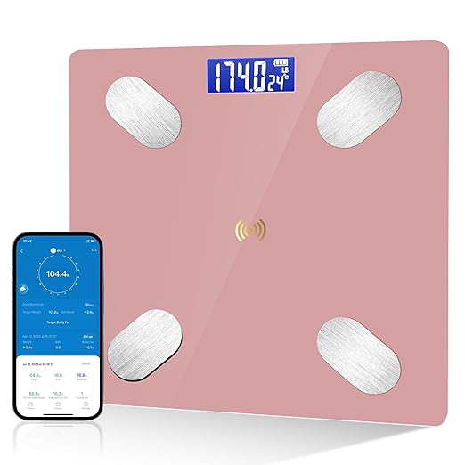 Digital Simple Bathroom Scale Home Practical Body Fat Scale with Led Display Body Composition Analyzer with Smartphone Application (Pink)