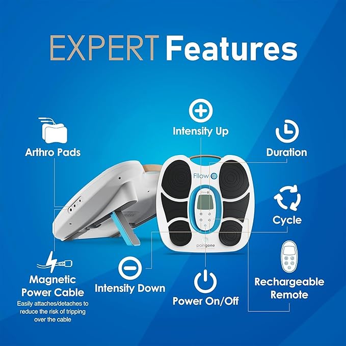 Paingone Fllow Arthro - Pain Relief Device for Feet &amp Legs – 150 Intensity Levels 25 Waveform Patterns Wireless Remote Control 36-Hour Battery Life Adhesive Pads for Targeted Knee &amp Leg Re