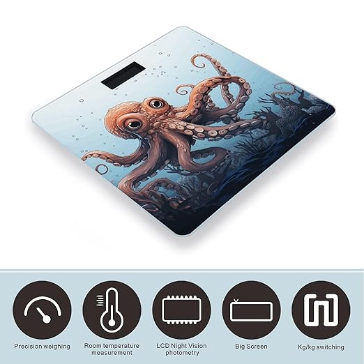 Octopus in The Sea Scale for Body Weight Anti-Slip Tempered Glass Digital Bathroom Scales Clear LCD Display Weighing Scale Safe Rounded Corners Smart Scales