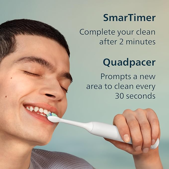 Philips Sonicare 4100 Series Electric Toothbrush - Sonic Toothbrush with Advanced Sonic Technology Pressure Sensor Two Intensity Settings Smartimer &amp Quadpacer White Model HX3681/23