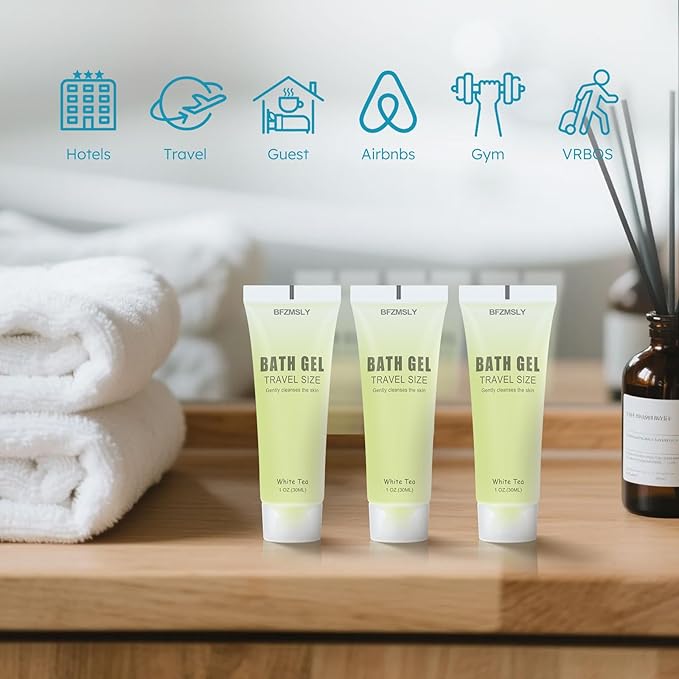 100 Pack Bulk Travel Size Body Wash 1oz Tubes White Tea Scent Mini Shower Gel for Hotel Guests TSA Approved Toiletries Individually Sealed for Airbnb Vacation Rentals