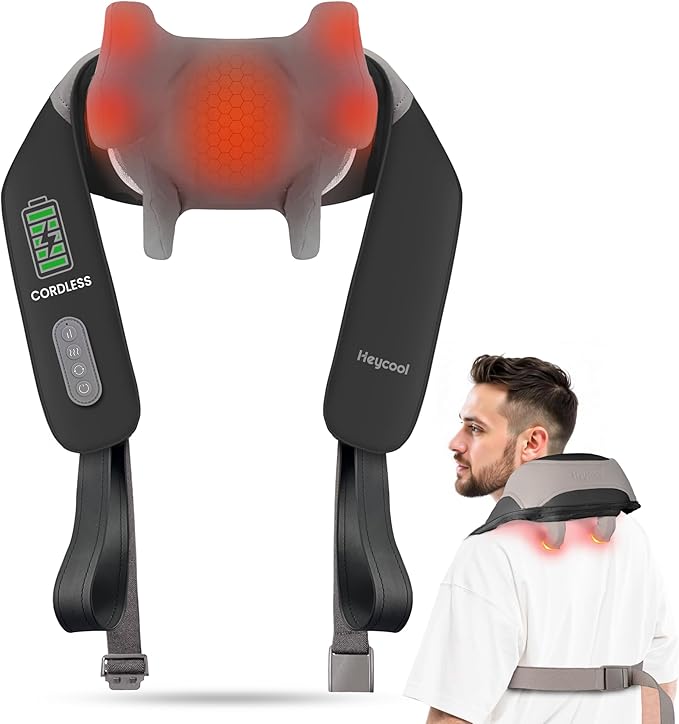 Cordless Neck Massager with Heat Shiatsu Neck Shoulder Massager for Pain Relief Deep Tissue 2 Heating Areas 3 Modes Kneading Back Massager Presents/Gifts for Women Men