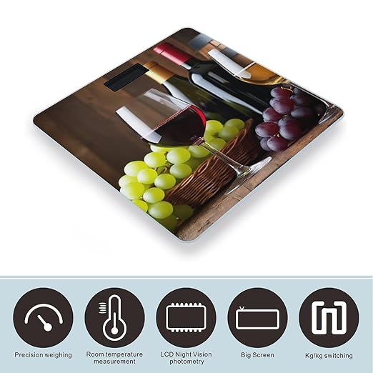 Women's Digital Bathroom Weighing Scale Automatic Switch Energy Saving Scale Smart Scale for Body Weight White Red Wine Glasses Grapes Wooden