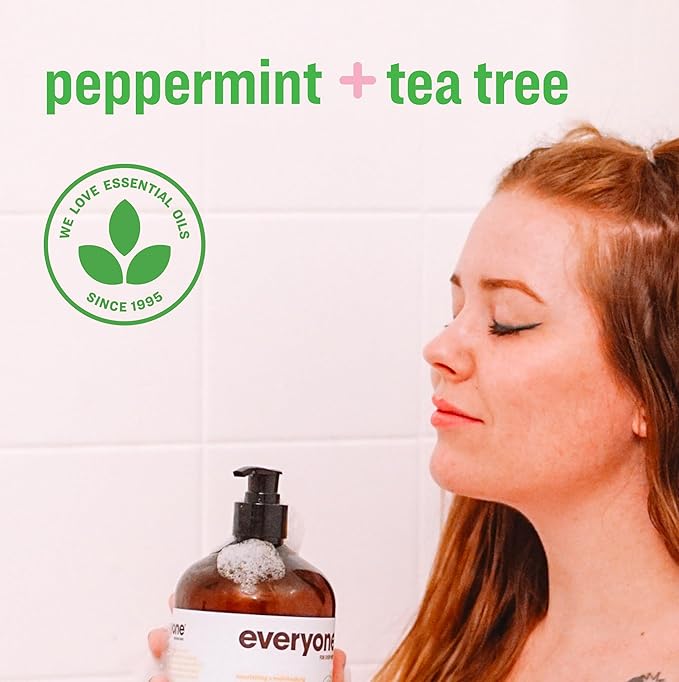 Everyone 3-in-1 Soap Body Wash Bubble Bath Shampoo 32 Ounce (Pack of 2) Peppermint Tea Tree made with Essential Oils for Men and Women