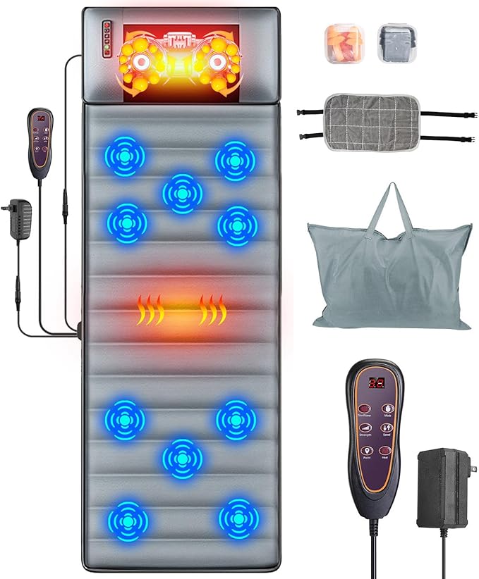 Full Body Massage Mat with Heat &amp Movable Shiatsu Neck Back Massager Pillow Upgraded Massage Mattress Pad with 10 Vibration Motors9 Massaging Mode2 Heating Padfor Back Neck Leg Pain Relief