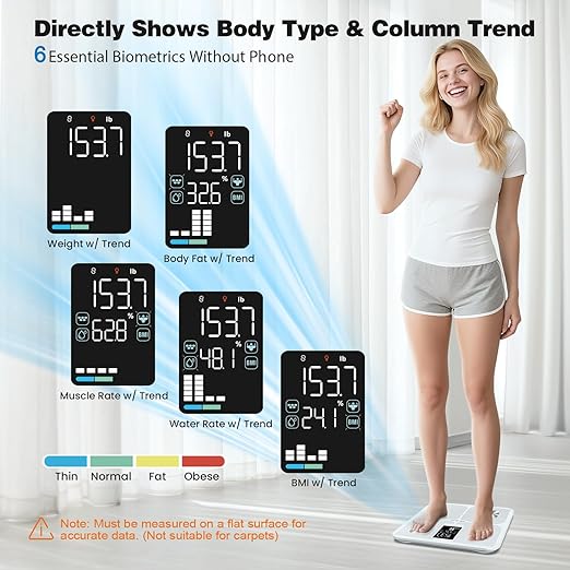 ABLEGRID Smart Bathroom Scale for Body Weight Digital Body Fat Scale with LED Column Trend DisplayBMIMuscle MassBody Type Accurate Home Weighing Scale for People with APP-Free Mode400lb