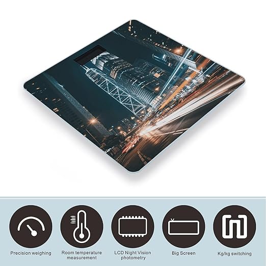 City Night Lights Scale for Body Weight Sturdy Tempered Glass Weighing Scales with LCD Display Accurate Digital Bathroom Scale Convenient Body Fat Smart Scales Easy Read