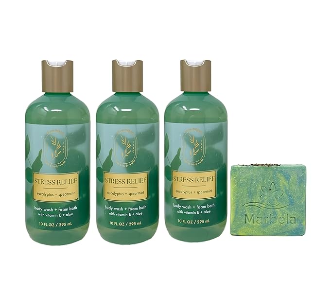 Bath &amp Body Works Aromatherapy Stress Relief Eucalyptus Spearmint - 3 Body Wash + Foam Bath - with a Fresh Forest Bar Soap