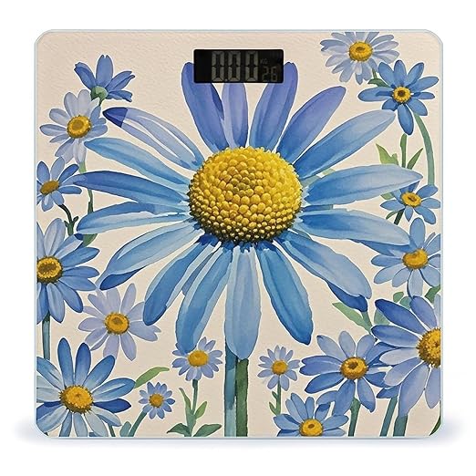 Blue Flower Watercolor Daisy Scale for Body Weight Highly Accurate Digital Bathroom Body Scale Digital Bathroom Scales for People Anti-Slip Large LCD Display Smart Scales