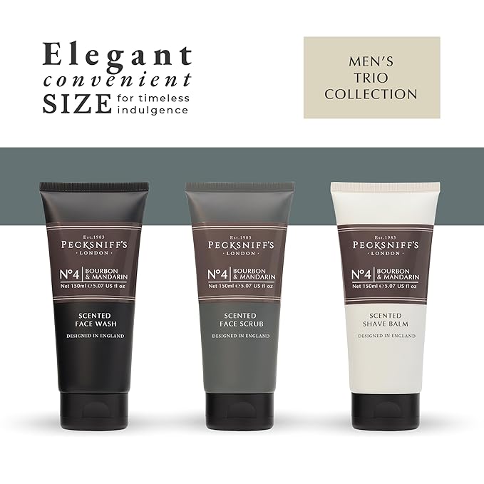 Pecksniff’s Men’s Trio Face Collection – Bourbon &amp Mandarin – Face Wash Face Scrub &amp Shave Balm Gift Set 3 x 75ml