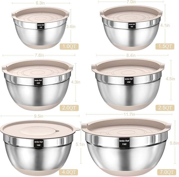 Mixing Bowls with Airtight Lids Set 26PCS Stainless Steel Khaki Bowls with Grater Attachments Non-Slip Bottoms &amp Kitchen Gadgets Set Size 7 4 2.5 2.01.5 1QT Great for Mixing &amp Serving