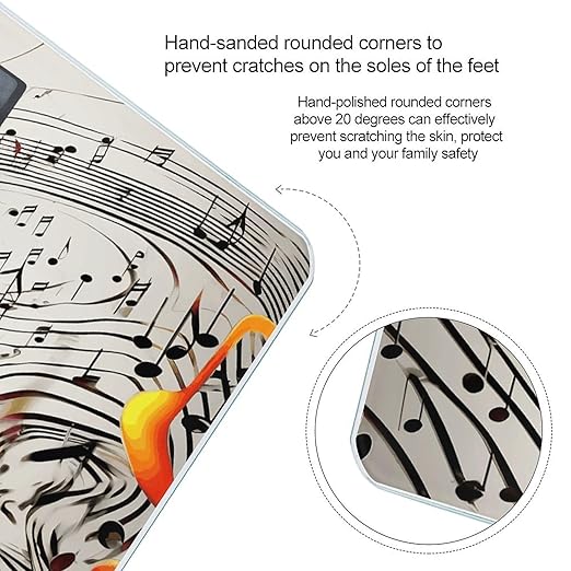 Music Notes Print Scale for Body Weight Anti-Slip Tempered Glass Digital Bathroom Scales Clear LCD Display Weighing Scale Safe Rounded Corners Smart Scales
