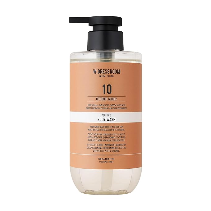W.Dressroom Perfume Body Wash Moisturizing Cleanser with Refreshing Scent Gentle Hydrating Shower Gel Korean Skincare No.10 October Woody Scent 16.9 fl oz (500 ml)
