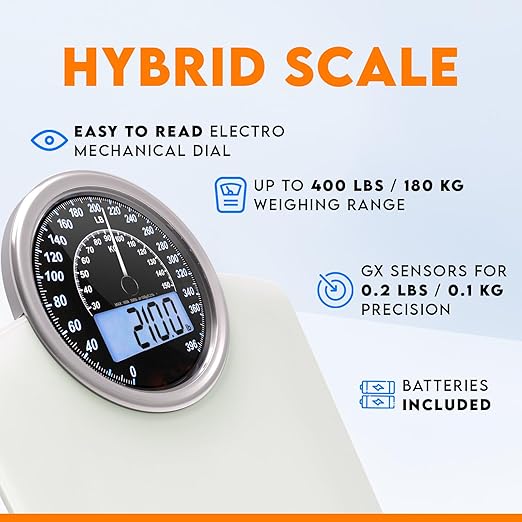 ZENO Hybrid 2-in-1 Analog &amp Digital Weighing Scale for Body Weight up to 400lbs - Thick Tempered Glass - Extra Large Display - Easy to Read Digital Bathroom Scale - New - Frost White