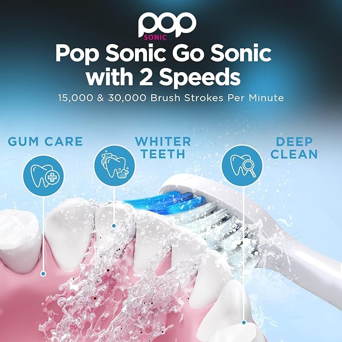 Pop Sonic Electric Toothbrush (Black + 4 Brush Heads) - Travel Toothbrushes w/AAA Battery | Kids Electric Toothbrushes with 2 Speed &amp 15000-30000 Strokes/Minute Dupont Nylon Bristles