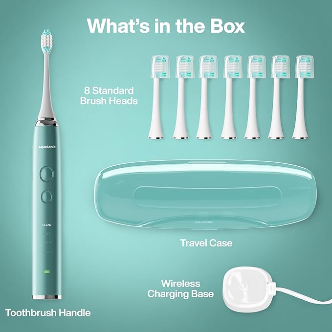 Aquasonic Vibe Series Ultra-Whitening Toothbrush – ADA Accepted Power Toothbrush - 8 Brush Heads &amp Travel Case – 40000 VPM Motor &amp Wireless Charging - 4 Modes w Smart Timer – Mint Green Metal