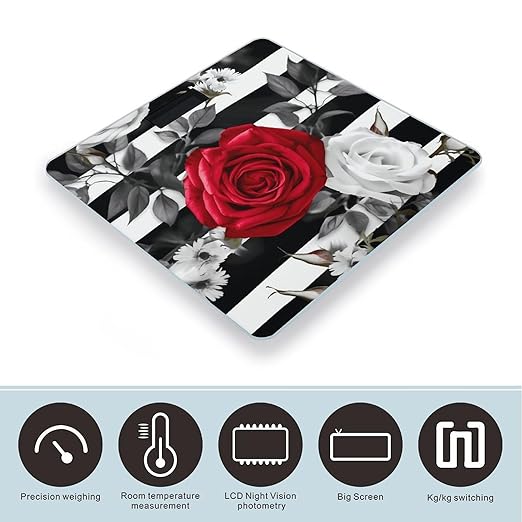 Black White Stripes Red Rose Flowers Bathroom Scale Large LCD Backlight Display Digital Scale Rounded Corners Body Scales Automatic Power On/Off Bathroom Scales for Home Bedrooms