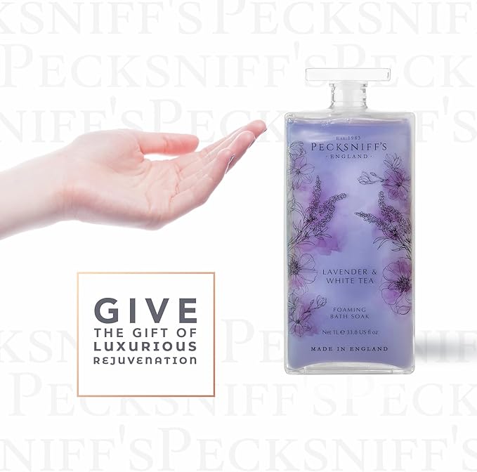 Pecksniff’s Lavender &amp White Tea Foaming Bath Soak – Luxury Bubble Bath 1L / 33.8 fl oz Made in England