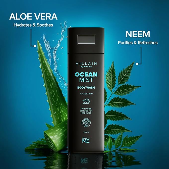 Villain Ocean Mist Body Wash Infused with Hard Water Softener Aquatic fresh Shower Gel for Men Aloe Vera Neem and Vitamin E Hydrating and Energising Skin Friendly Paraben Free Vegan Body Cleanser