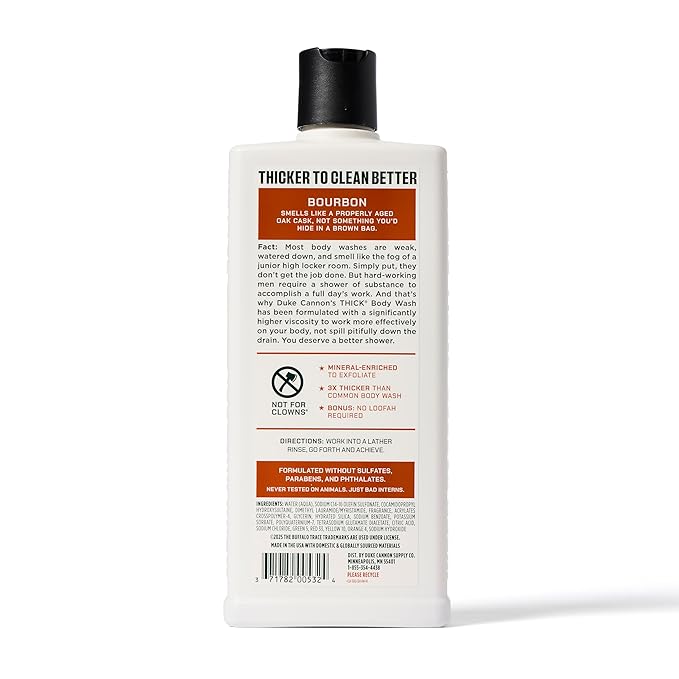 Duke Cannon Supply Co. Thick High Viscosity Body Wash - 3X Thicker Plant-Based Body Wash for Men with Lasting Scent - Mens Body Scrub - Sawtooth Midnight Swim &amp Bourbon (18oz)