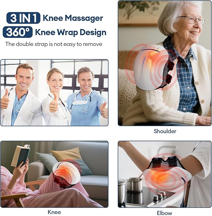 IeBilif Cordless Knee Massager with Heat 5 Vibration Modes &amp 3 Heating Levels 6 Silicone Massage Heads Adjustable Double Straps Portable Heated Knee Massager Gifts for Men Women