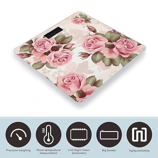 Pink Rose Floral Weight Scale Large Bathroom Scales Digital Weight with Bright LED Display Non Slip Automatic Weighing Scale Fashion Weighing Machine for Body