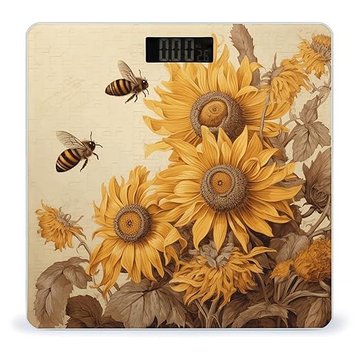 Bees and Sunflowers on Old Paper Bathroom Scale for Body Weight LCD Display Digital Bathroom Scale Tempered Glass Bathroom Weight Scales Fashion Smart Scales for Home Bedroom 400 Lb