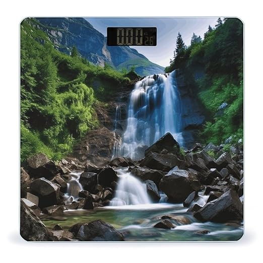 Scenic Mountain Waterfall Bathroom Scale Large LCD Backlight Display Digital Scale Rounded Corners Body Scales Automatic Power On/Off Bathroom Scales for Home Bedrooms