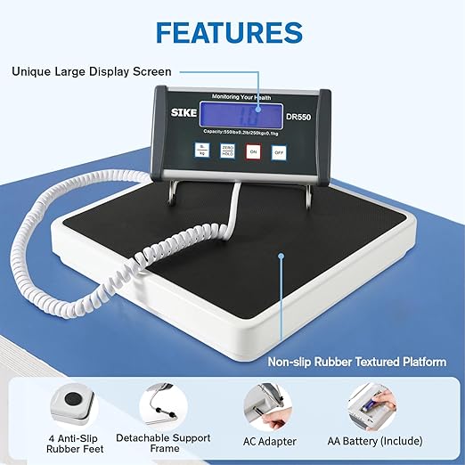 SIKE Digital Physician Scale Medical Floor Scale for Body Weight 550 lb Limit Professional Weight Scale Portable Easy to Read Digital Display Heavy Duty Pound &amp KG Settings 12.5 x 12 Platf