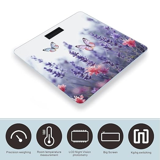 Lavender Flower Background with Butterflies And Flowers Scale for Body Weight Digital Bathroom Scale Precision Smart Weighing Scales with Clear LED Display Accurate High Precision Scales Weighing Mach
