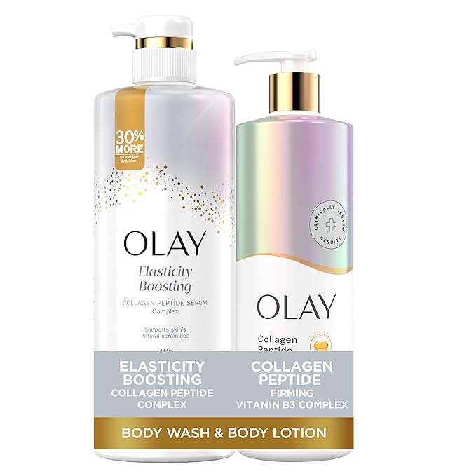 Olay Elasticity Boosting Body Wash + Body Lotion Bundle Pack Moisturizing &amp Firming Formula with Collagen Peptide Serum &amp Vitamin B3 Complex 26 fl oz &amp 17 fl oz (Pack of 2)