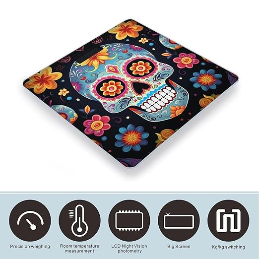 Sugar Skulls Scale with LCD Precision Weighing Scales Sturdy Tempered Glass Weight Scales Easy-to-Read Anti-Slip Weight Digital Bathroom Scale for Daily